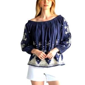 Joie Kistine Embroidered Off the Shoulder Navy Blouse size Small